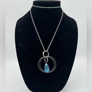 Statement necklace, blue AB teardrop fashion jewelry, silver tone